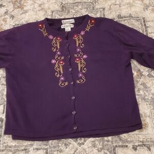 Dressbarn Purple Cardigan with Red and Gold Embroidery